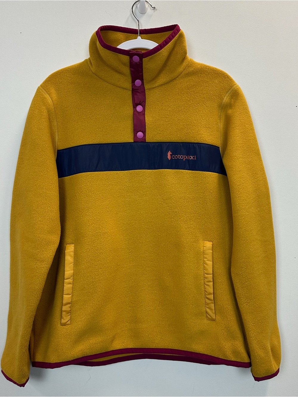 cotopaxi Mustard Fleece Pullover with Navy and Magenta Accents Large